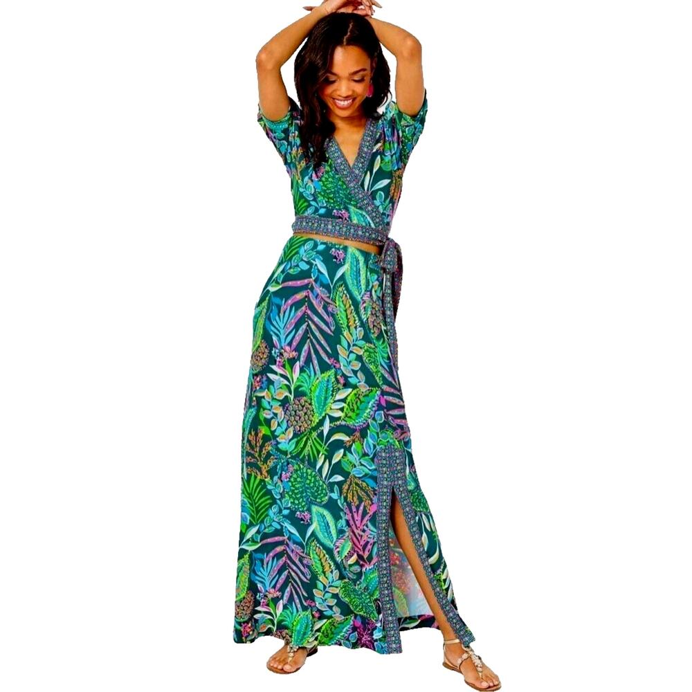 Lilly Pulitzer 2 Piece Tropical Wrap Crop Top Maxi Skirt Set XXS Floral Resort